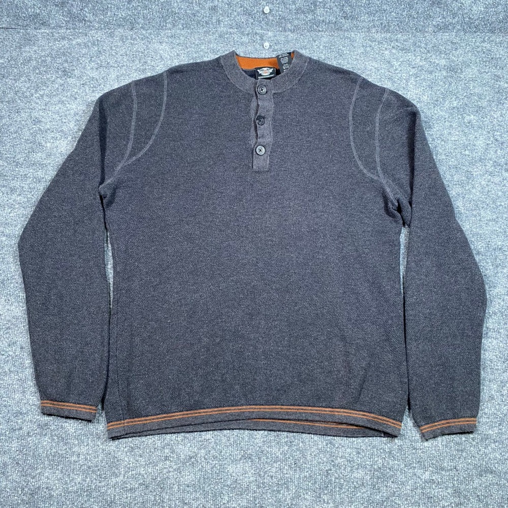 Harley-Davidson Mens Gray Cotton Cashmere Henley Sweater Large Orange Trim Logo